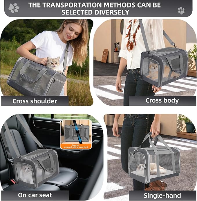 Cat Carrier for Large Cats up to 20 Lbs,Soft-Sided Pet Carrier for Large and Medium Cats, Small Dogs,Puppies,Collapsible Dog Carrier Travel Bag with 2 Storage Bags,4 Mesh Windows (Grey, Medium)