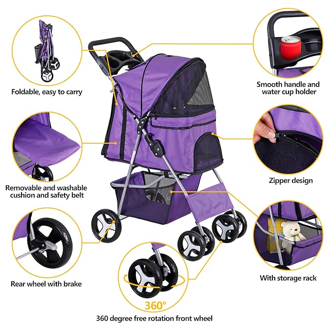 4 Wheels Foldable Pet Dog Cat Jogger Stroller Travel Carrier Strolling Cart w/Waterproof Cover Storage Basket Cup Holder & Removable Liner for Medium Small Cat Dog, Purple