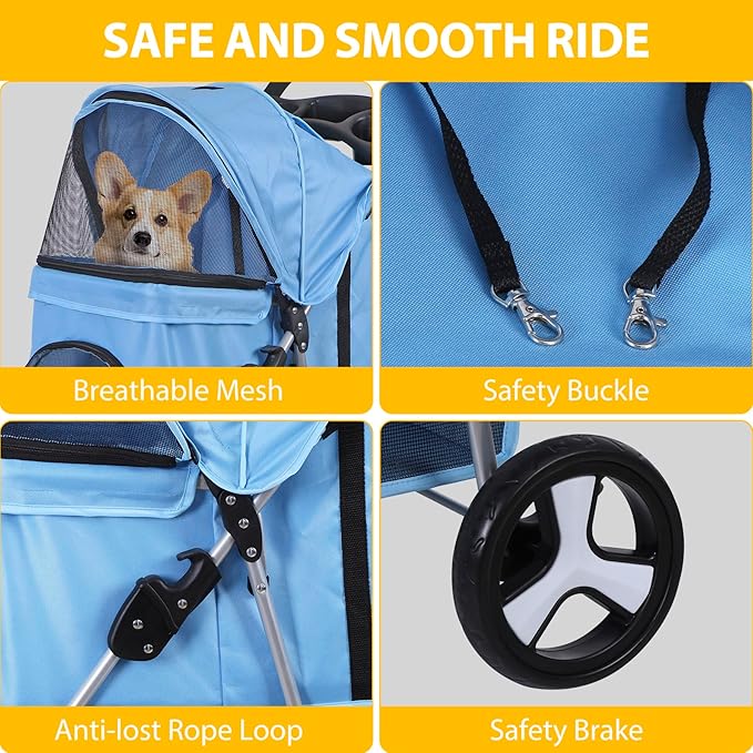JungleA Foldable Pet Stroller for Cats Dogs,3 Wheel Jogger Stroller for Small to Medium Pets,Lightweight & Portable & Durable PetStroller with Weather Cover, Storage Basket and Cup Holder,Blue