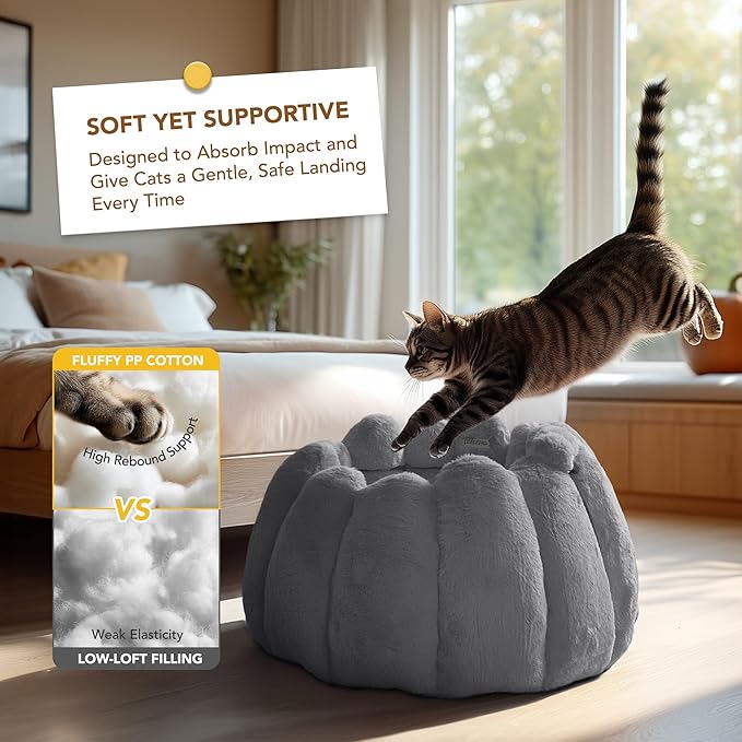 PETNOVO Grey Pumpkin Cat Bed, Plush Donut Cuddler with High Bolster, Non-Slip Cozy Pet Nest for Indoor Cats up to 13 lb and Small Dogs, 20L x 20W x 12H Inch