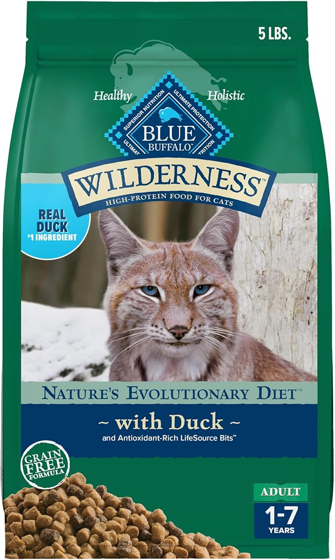 Blue Buffalo Wilderness Nature's Evolutionary Diet High-Protein, Grain-Free Natural Dry Food for Adult Cats, Duck, 5-lb. Bag