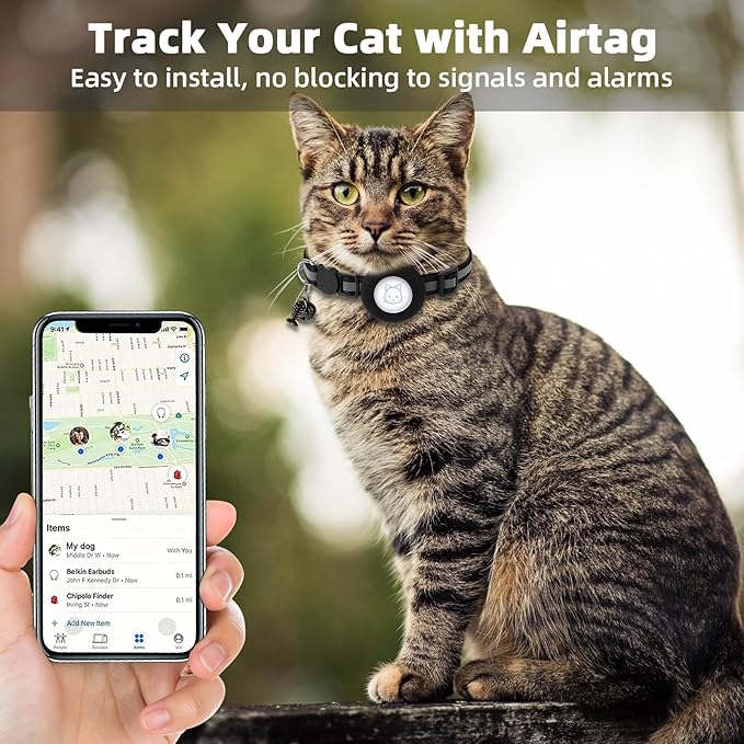 Airtag Cat Collar, Air tag Cat Collar with Bell and Safety Buckle in 3/8" Width, Reflective Collar with Waterproof Airtag Holder Compatible with Apple Airtag for Cat Dog Kitten Puppy (Black)