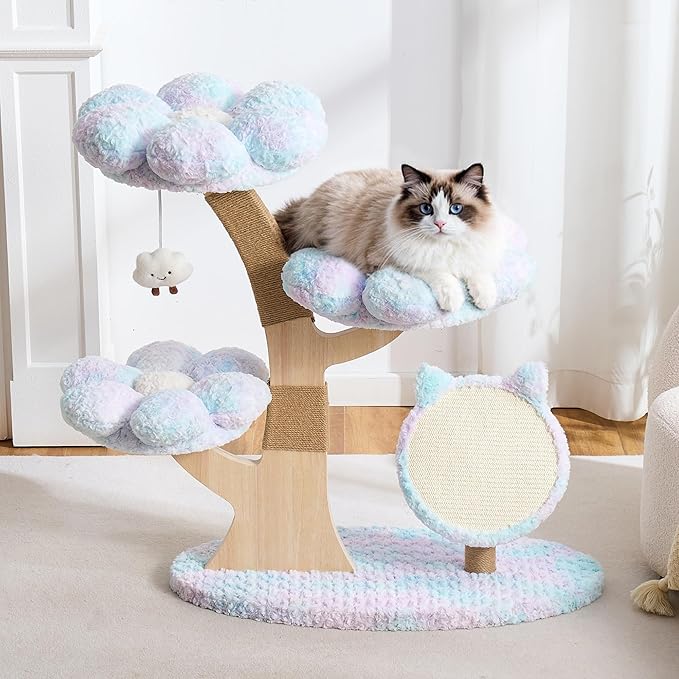 Aesthetic Flower Cat Tree Tower with Scratching Post for Indoor Cats, 37" Modern Cat Tree with Wood Sculpted Branch, Flower Cat Beds, Scratching Board & Interactive Squeaky Toy, Dreamy Blue