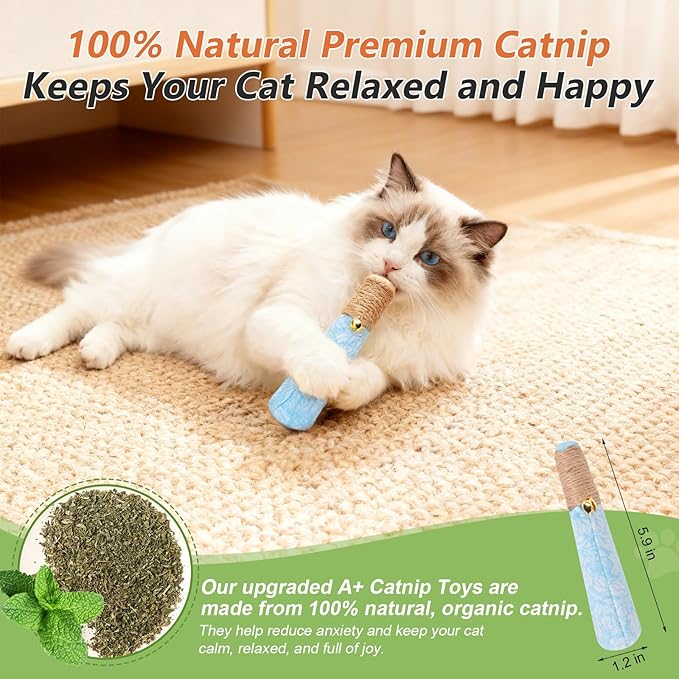 3 Pack Catnip Toys for Cats, Funny Kicker Cat Toys with Dental Rope & Jingle Bell, 100% Organic Catnip Catnip Toys, Bite-Resistant Chew Toy for Kitten Teething, Indoor Cat Toys