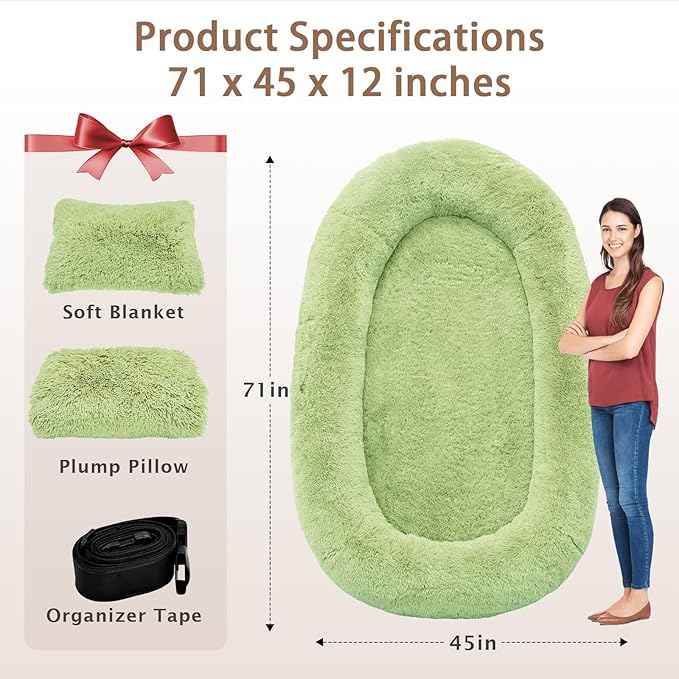 ROOMTEC Human Dog Bed, 71''x45''x12'' Size Fits Adult and Pet Washable Giant People Bed 10 CM Thick Memory Foam Large Oversize Pet Bed with Plump Pillow, Blanket, Strap - Green