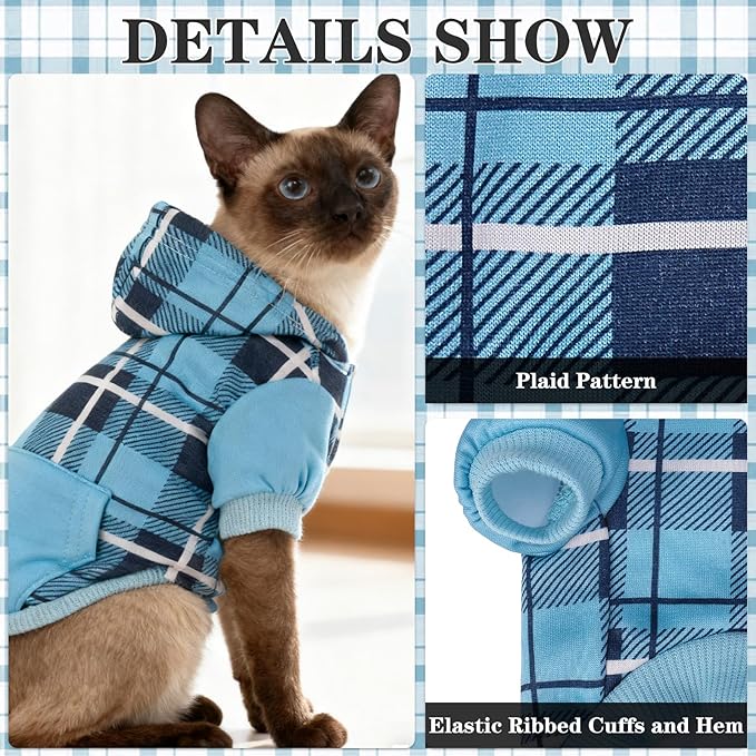 EXPAWLORER Plaid Cat Hoodie - British Style Warm Cat Sweater Shirt with Leash Hole,Pet Clothes Outfits,Winter Coat Apparel for Puppy Cats Girl Boy-Kitten Apparel,Blue XL