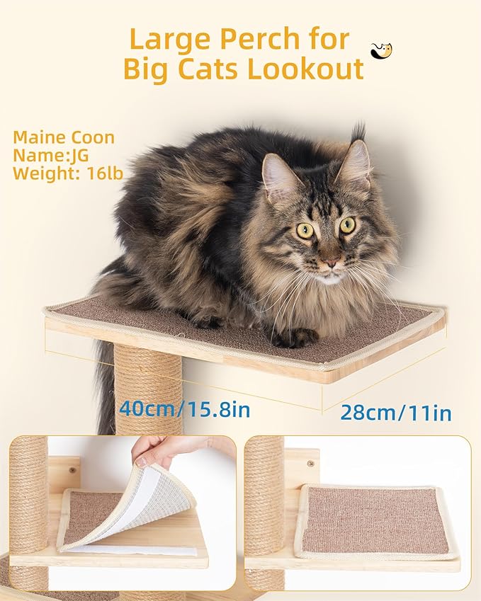 Aechonow 80inch Wall Mounted Cat Tree, 15.8in Top Perch Bed for Large Adult Cats, Adjustable Cat Shelves Floor to Ceiling for Scratch, Climb, and Lookout