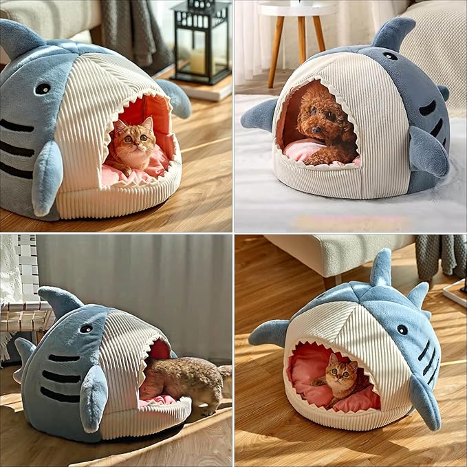 Tipmant Pet House Bed Cottage Mat for Cat Small Dog Puppy Teddy Cute Shark Shape Warm Soft (Large: Pet Weight < 22 lb)