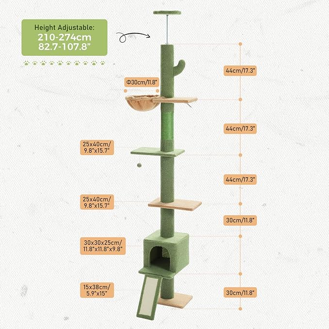 PETEPELA Floor to Ceiling Cat Tree, Cat Tower 5 Tiers Tall (83-108 Inches) Adjustable Height, Cat Climbing Tree Featuring with Condo, Scratching Post and Perches for Indoor Cats, Green