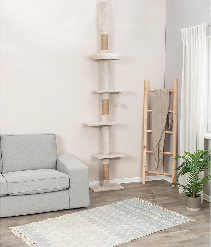 Trixie Kobe Cat Tree, 4-Level Indoor Cat Furniture, 90.5"-104" Ceiling Mount Tower with Adjustable Tension Rod, Large Jute Scratching Post, Beige
