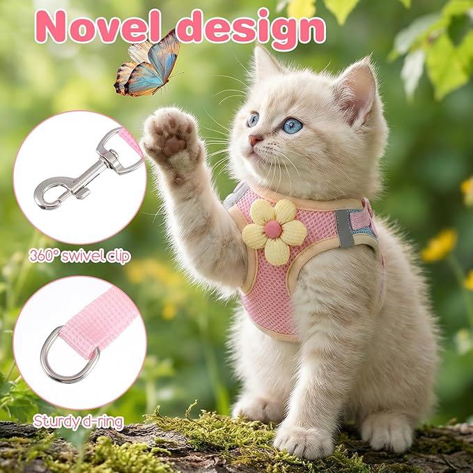 Flower Cat Harness and Leash Set for Walking Escape Proof, 10.2-11.8in Neck Adjustable Kitten Harness and Leash Set Breathable Soft Mesh with Reflective Strap for Kitten Bunny Cat Puppy
