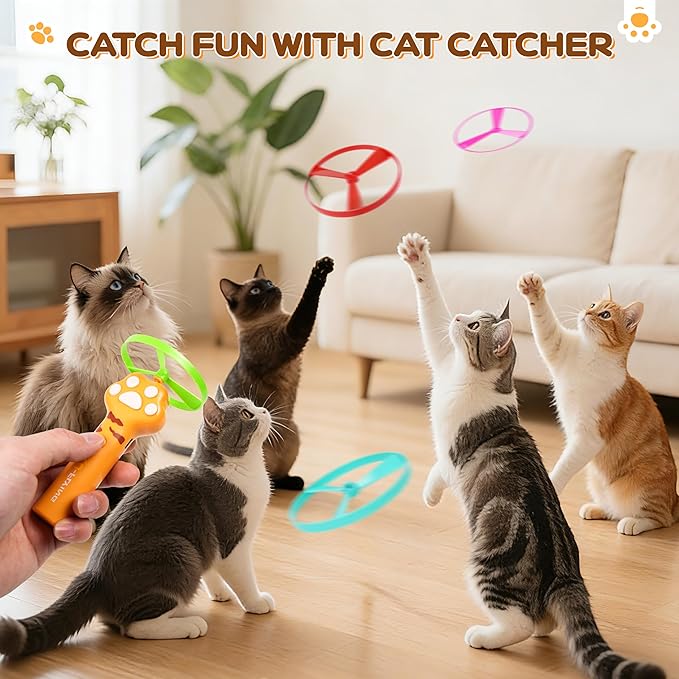 Cat Fetch Toy for Yard Chase, Rechargeable Flying Disc Launcher with 6 Flying Discs, Interactive Cat Hunting Toys for Outdoor & Indoor (Orange)