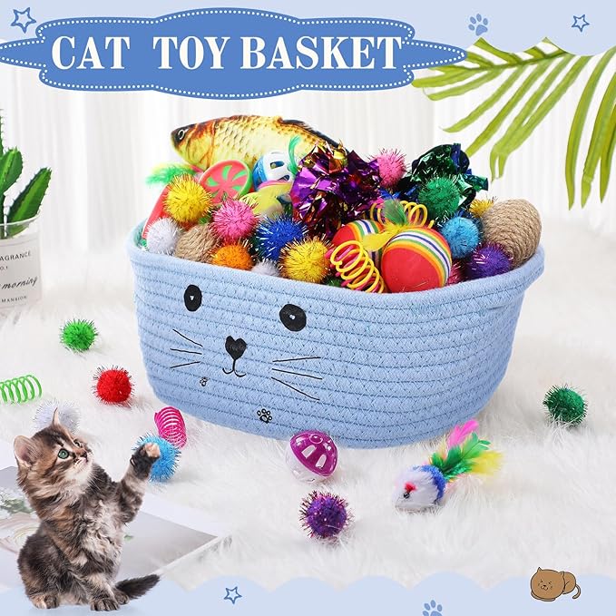 Zopeal 58 Pcs Summer Graduation Cat Storage Basket Gift Toys Set, Colorful Flashing Balls Pet Bell Crinkle Balls Spring Toys Attract Cat to Swat, Hunt, Interactive for Pet(Light Blue,9.8 Inch)