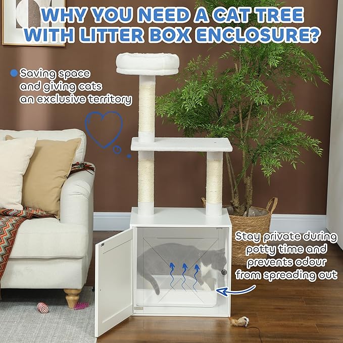 PawHut Cat Tree with Litter Box Enclosure, 2-in-1 Cat Tower with Bed, Climbing Platforms, Scratching Posts, Modern Pet Furniture for Indoor Kittens, White