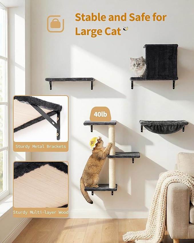 Aechonow Heavy Duty Cat Wall Shelves for Large Cats, 6-in-1 Cat Furniture Set with 17" × 11.9" Large Perch Bed and Hammock, Cat Climbing Wall Systems with Vertical Cat Scratcher