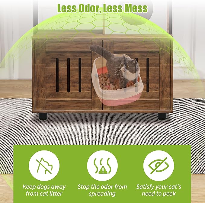 GarveeHome Cat Tree with Litter Box Enclosure, Large Wood Cats Cabinet with Storage Shelf, Condo, Hammock and Play Ball, All-in-one Corner Dog Proof Cat Bed Furniture
