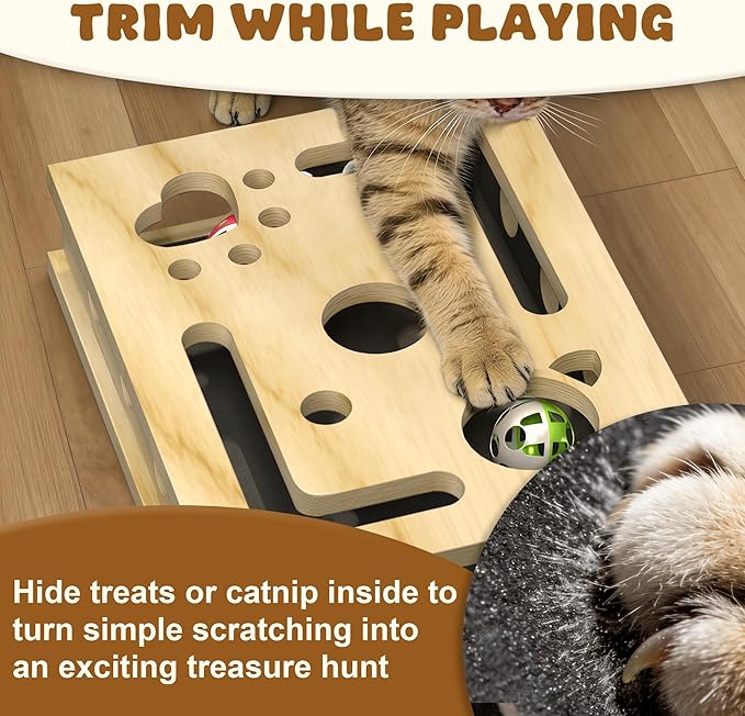XL Cat Nail File Enrichment Box, Cat Scratch Puzzle Box with Replaceable Filing Pad, Stress-Free Grooming Toy for Indoor Cats