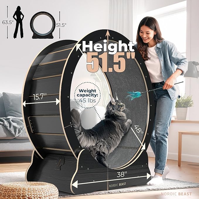 Nordic Beast 48'' XL Cat Wheel – Safe, Quiet & Stable Exercise Wheel for Large Indoor Cats up to 45 lbs – 15.7'' Extra-Wide Surface Fits 2 Cats Side by Side & Prevents Wobbling, 1-Year Warranty
