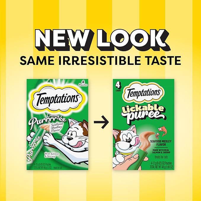 Temptations Creamy Puree Squeezable Lickable Cat Treats, Wet Cat Treats with Salmon and Shrimp, 0.42 oz. Tubes, 4 Count, Pack of 11 (44 Total)