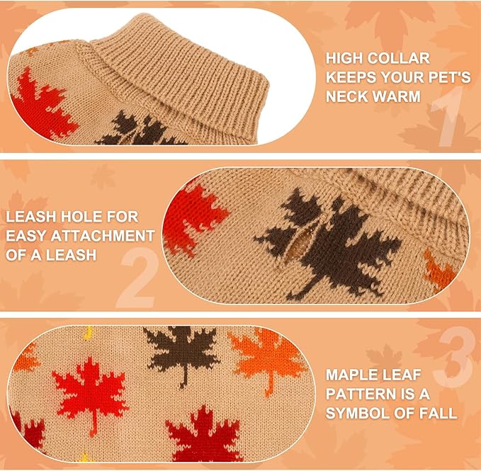 BEAUTYZOO Fall Dog Sweater - Turtleneck Knitwear for Small Dogs, Girls Boys, Maple Leaf Cable Knit Puppy Pullover, Cat Apparel in Cold Weather (Khaki, XS)
