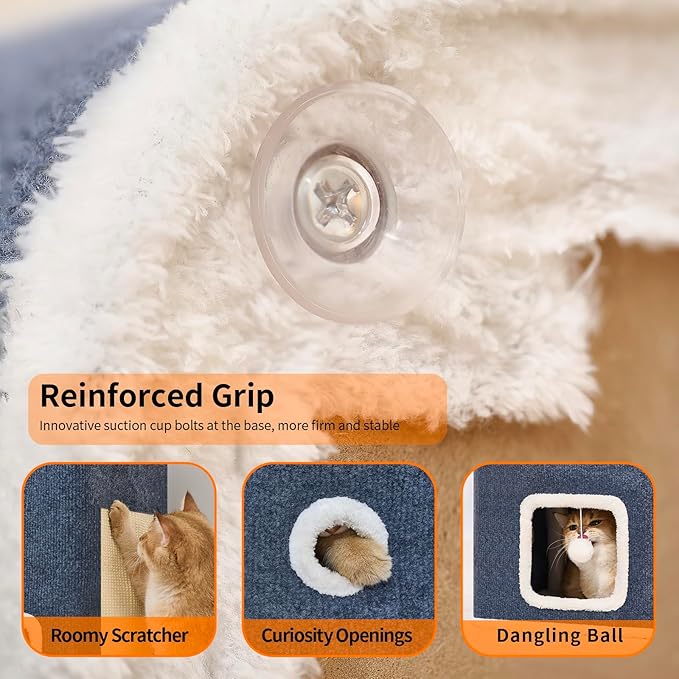 Cat House, Cat Beds for Indoor Cats, 3-Story Cat Condo Cube with Scratch Pad and Fluffy Ball Hanging, Multi-Level Cozy Hideout Center Ideal for Small/Medium Cats