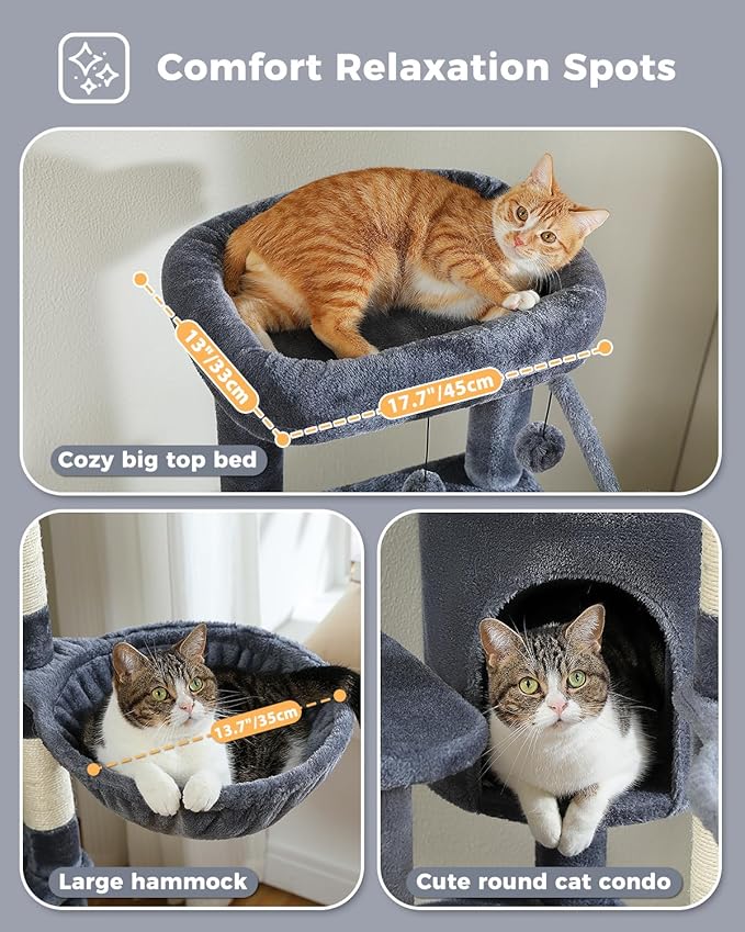 MUTTROS 59" Cat Tree, Cat Tower for Large Cats, Multi-Level Cat Tower with 3 Removable Pompom Sticks, Cat Tree for Indoor Cats, Cat Condo with Large Hammock, Scratching Post, and 2 Perches, Dark Gray