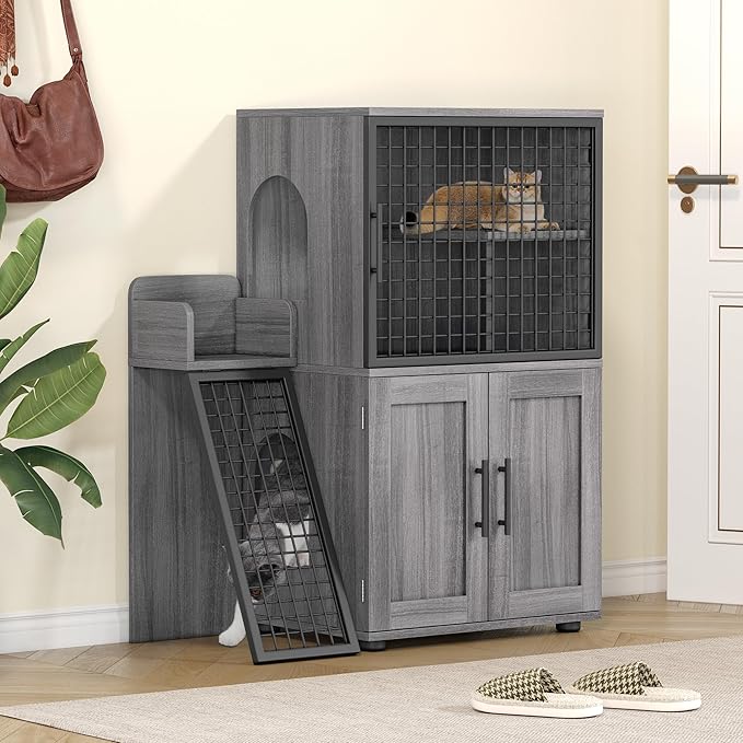 IDEALHOUSE Modern Cat Litter Box Enclosure with Platform, Double Layer Hidden Litter Box, Indoor Washroom, Villa Cat House with Ladder, 33.5" l x 17.9" w x 41.9" h,Dark Grey