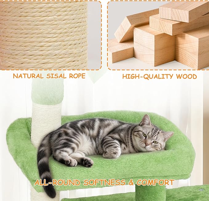 Cat Tree, 32 Inch Cat Tower with Scratching Posts, 1 Caves,1 Pompom,1 Hammock, Green Leaves and Cozy Condo, Cat House Cat Tree for Indoor Cats Large Adult - Green