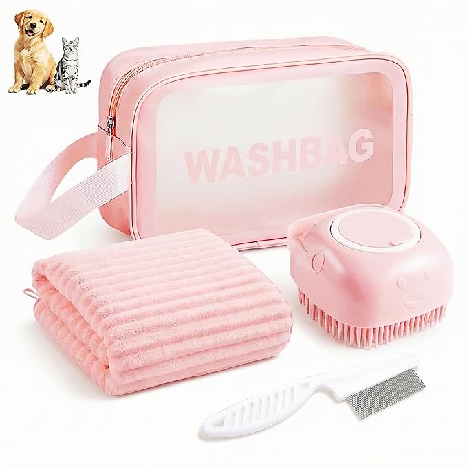 4PCS Dog Bath Kit & Dog Brush Kit for Dogs & Cats - Professional Pet Grooming Tools Set with Shedding Brush, Bath Scrubber, Dematting Comb & Storage Bag - Complete Dog Washing Essentials, Pink