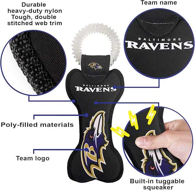 Pets First NFL Baltimore Ravens Dental Dog TUG Toy with Squeaker. Tough PET Toy for Healthy Fun, Teething & Cleaning Pet's Teeth & Gum., Team Color, one Size (BAL-3310)