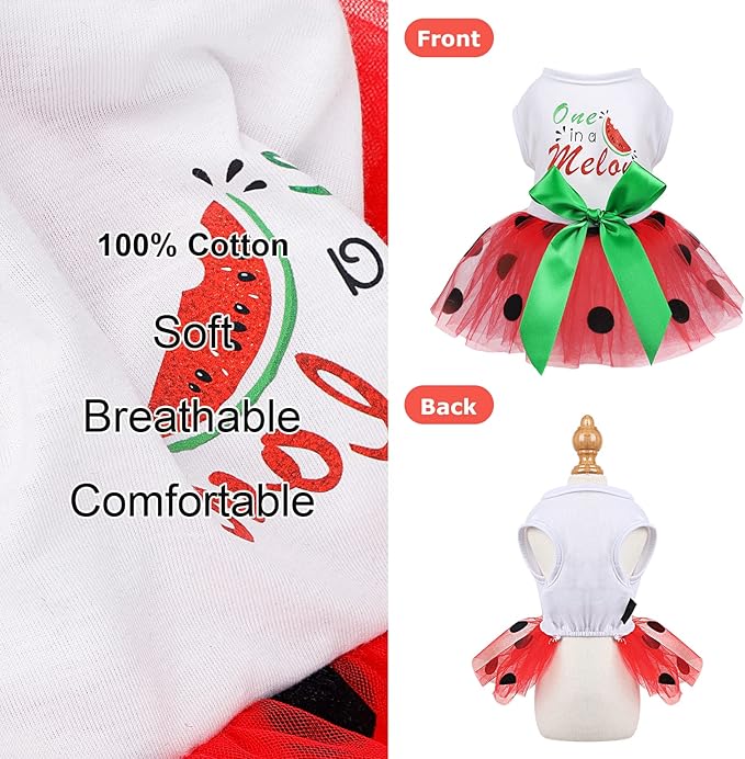 Small Dog Dress for Girl Watermelon Polka Dots Mesh Outfit, Summer Fall Tutu Dresses Cat Apparel, Cute Pet Puppy Clothing Doggie Outfits (X-Small, Watermelon Red)