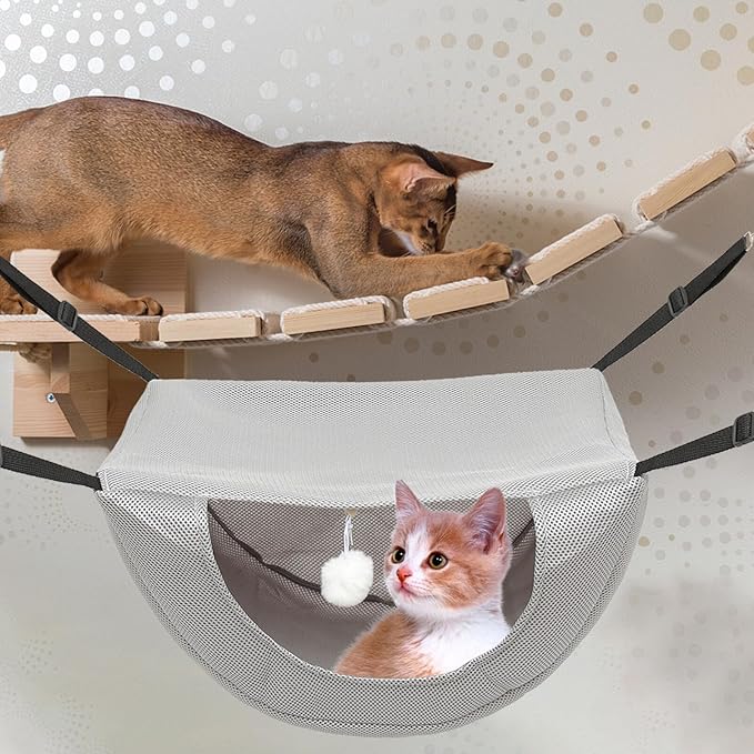 Yardwe Breathable Mesh Cat Hammock Bed for Cage, Small Summer Pet Hanging Nest, Machine Washable Gray M Size, Indoor Cat Playing Resting Furniture