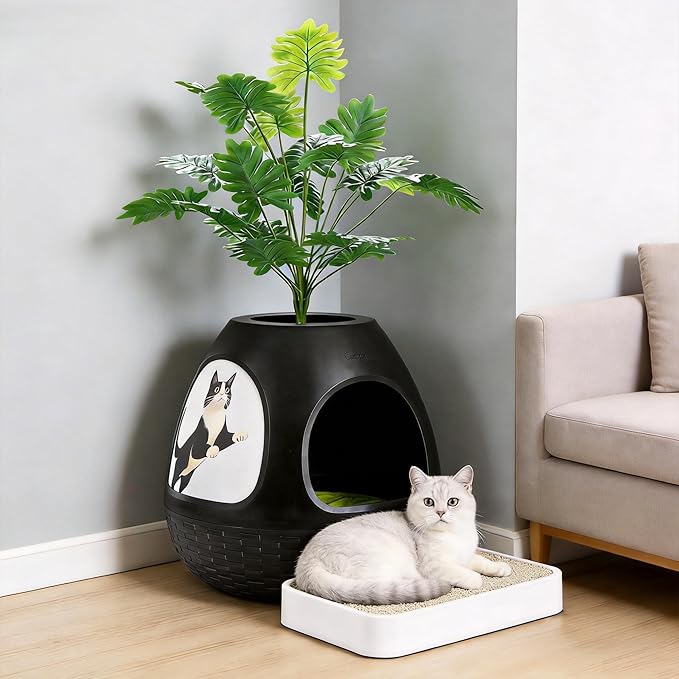 COZIWOW Eggloa6 Plant Litter Box, Hidden Cat Litter Box with Artificial Plants, DIY Litter Box Furniture, (Black, Basic)