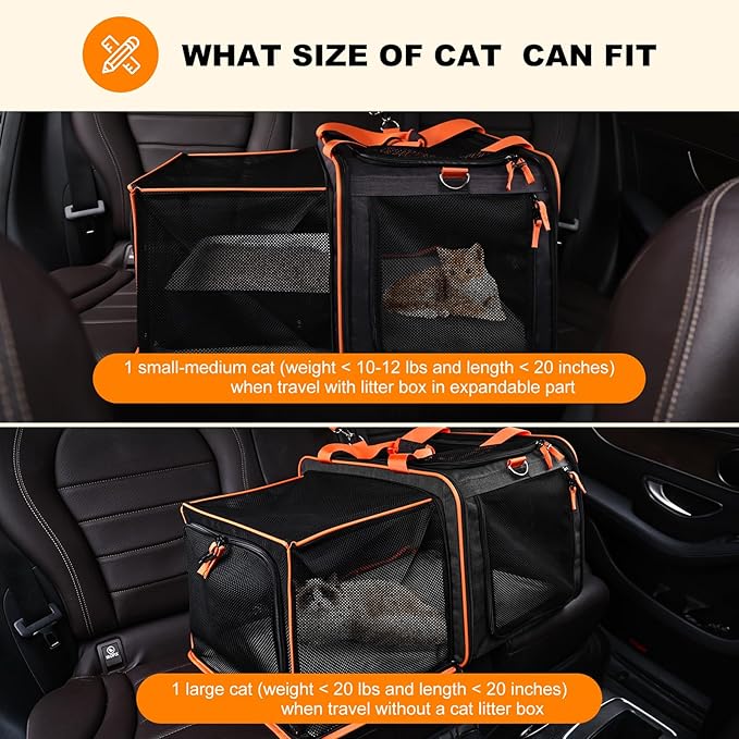 Pidipiti 20 x 14 x 14 Expandable car Travel Carrier for 1 Small-Medium cat,with a Portable Leakproof Litter Box