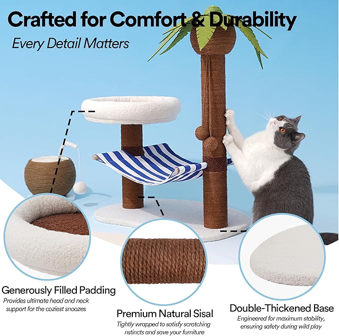ZEZE Summer Coconut Island Cat Tree with Hammock & Bed — Tropical Palm Tree Cat Scratching Post, Cozy Plush Cat Nest, Sisal Rope Climbing Tower for Indoor Cats, Stable Base