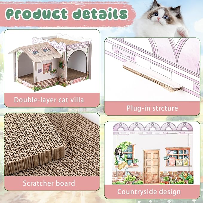 Lineshading 2 Story Cardboard Cat House with Scratcher Pad, Multi Level Durable Cat Scratcher House for Small Kitten Bunny Rabbit Animals Christmas Birthday Gift(17x12x10,Cottage)
