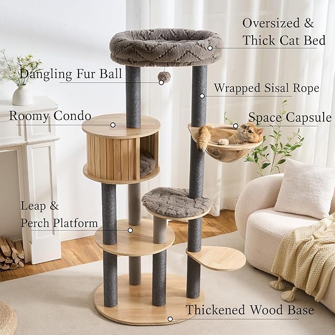 797Audio Wood Modern Cat Tree, 65" Cat Tower with Sisal Scratching Posts, Cat Condo, Capsule and Bed, Solid Wooden Aesthetic Multi-Level Cat Climbing Tree for Large Adult Indoor Maine Coon Cats-Gray