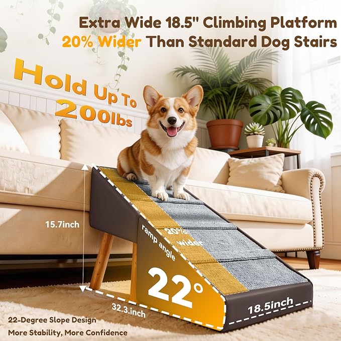 Dog Ramp & Stair for Couch Sofa Bed, 18.5" Extra Wide 15.7" H Foldable Ottoman & Hidden Storage 3-in-1 Design, Safer Non-Slip Leather Pet Steps for Puppy Senior Injured Dogs (Brown)