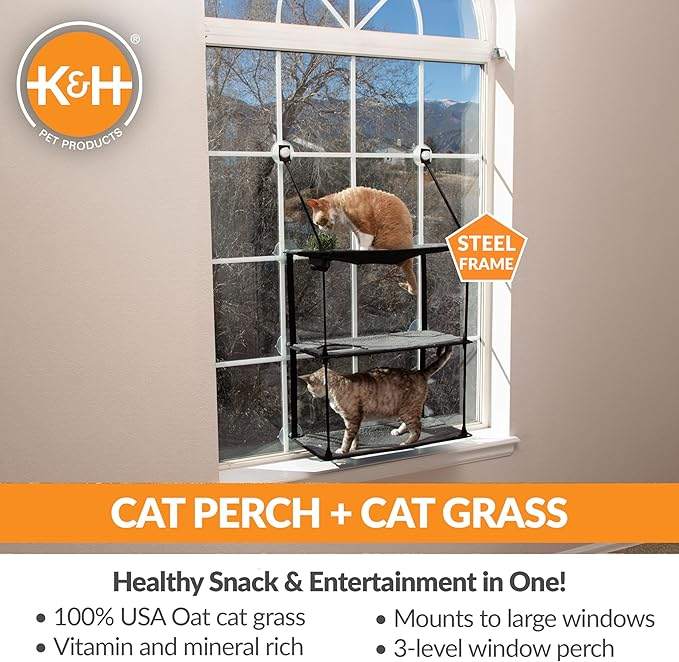 K&H Pet Products EZ Mount Window Kitty Sill Cat Perch with Cat Grass Grow Station Triple Stack Gray 23 X 12 Inches