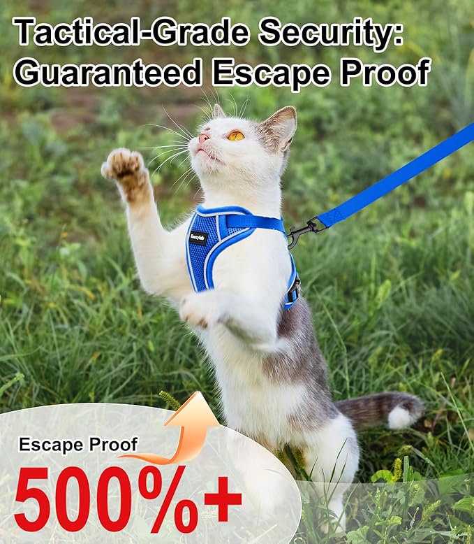 Cat Harness and Leash for Walking Escape Proof Soft Adjustable Cat Leash Breathable Comfortable Vest Easy to Wear Kitten Harness for Outdoor Travel (Blue, M (13-18lb))