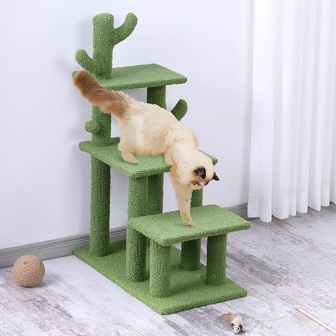 HOMBYS Cautus Cat Stairs for Old Cats & Dogs, Pet Steps for High Beds, Couch & Window,Vertical Cautus Green Cat Tree with Dangling Balls for Indoor Pets Climbing Playing, Holds Up to 150 Lbs,