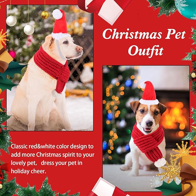 QKURT Pet Christmas Hat and Scarf Set, Dog 3D Santa Hat Adjustable Knitted Scarf Holiday Outfit Costumes for Small Medium Large Dogs Cats Pets