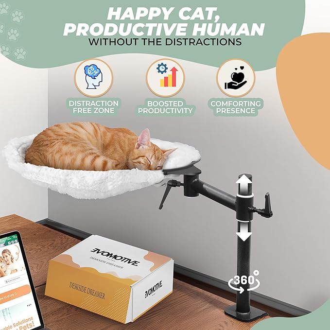 Deskside Dreamer - Cat Desk Perch, [+ Catnip Fish Toy], Comes with [2 Washable Fabrics]: Mesh and Plush, 360° Rotating & Height Adjustable [White]. Max Weight 35LBS