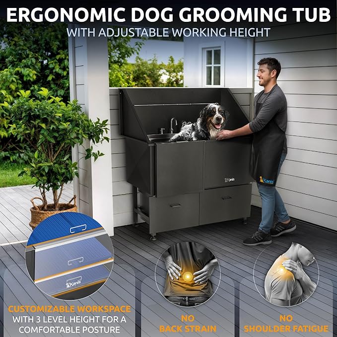 KANIS Professional Dog Washing Station 304 Stainless Steel Pet Wash Sink & Grooming Bathtub w/Shower, Floor Grates and Storage for Large, Medium & Small Pets (Black, 50 Inches, Left Ramp, 2 Drawers)