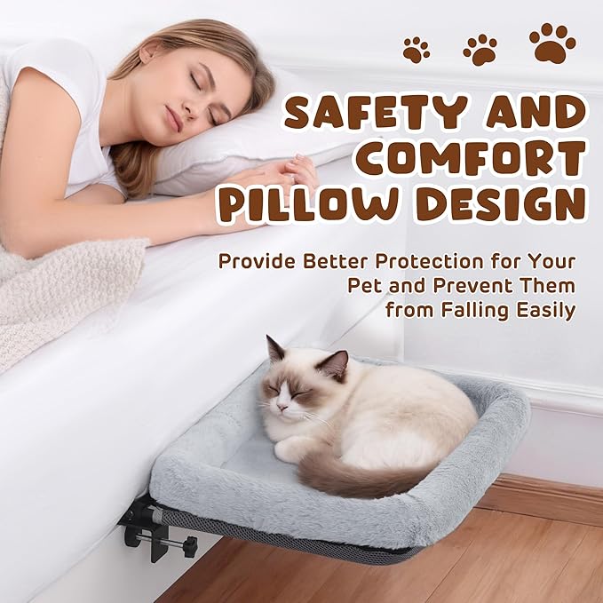 BALAPET Firm Bedside Cat Bed, Cat Bed with Soft Guardrail Extension Attached to Human Bed, Adjustable Pet Bed with Sturdy Frame,Holds up to 44lbs, Stable & Breathable