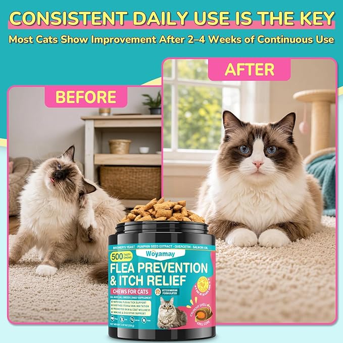 Woyamay Flea Treatment for Cats & Itch Relief Chews, 500 Crunchy Cat Flea Treatment Chews, Cat Itchy Skin Relief, Cat Itching Relief & Skin Care, Flea Prevention for Cats, Chicken Flavor