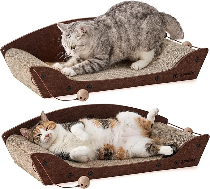 ZOMISIA 2 Pack 26'' Cardboard Cat Scratcher Bed - Large Scratcher Couch for Indoor Cats, Orthopedic Scratching Board, Lounger Scratching Couch with Bells