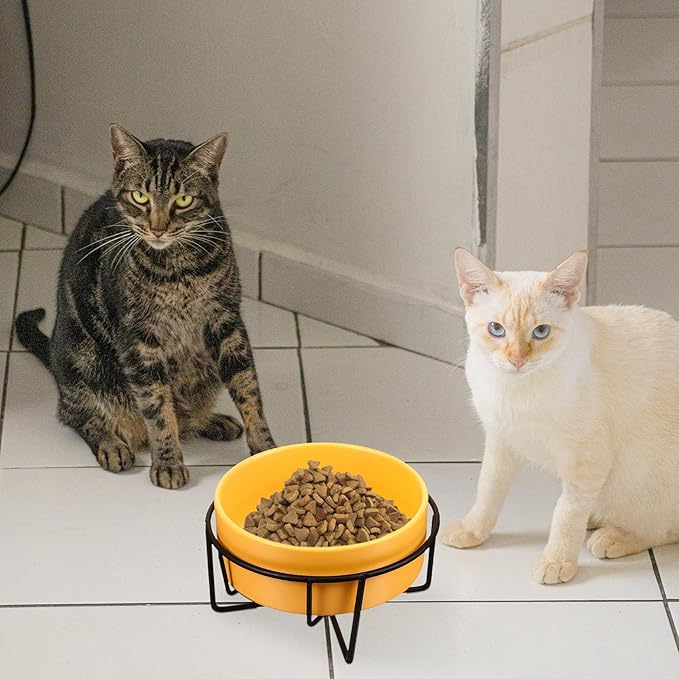 PRETYZOOM Ceramic Pet Feeder Bowl with Elevated Black Iron Stand, 14cm Yellow Cat and Dog Bowl for Spine Protection, Raised Feeding and Watering Dish for Small Pets