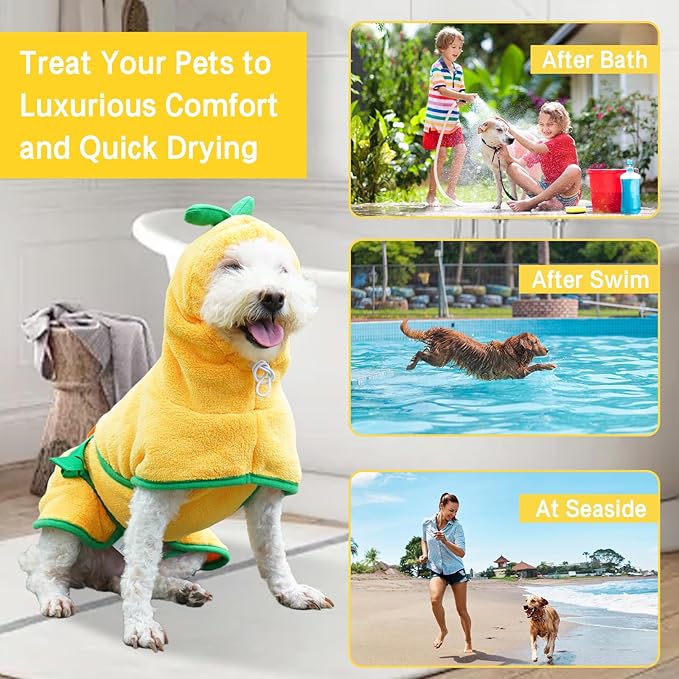 Pet Bathrobe for Dog Cat Absorbently Quick Drying Coat Cute Dogs Bath Towel Hooded Robe Adjustable Collar & Belly Strap for Pool Beach (Yellow, X-Large)