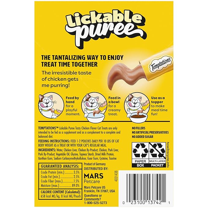 Temptations Creamy Puree Squeezable Lickable Cat Treats, Wet Cat Treats with Chicken, 0.42 oz. Tubes, 4 Count